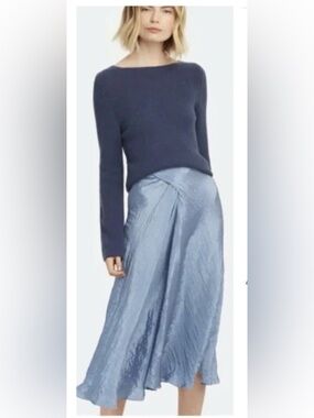 Vince Drape Banded Crinkle Satin Light Blue Midi Skirt Size 0